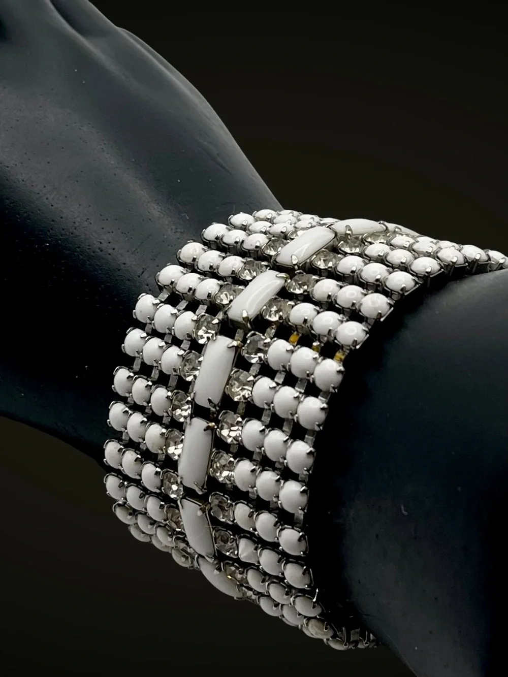 Stunning Vintage MidCentury Milk Glass and Rhinestone Statement Bracelet Estate